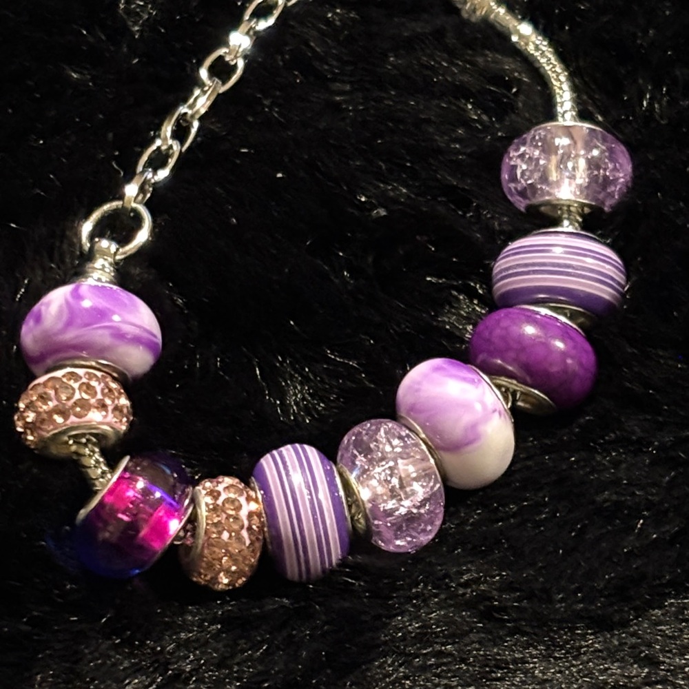 Pandora Like Purple and Silver Charm Bracelet Set New